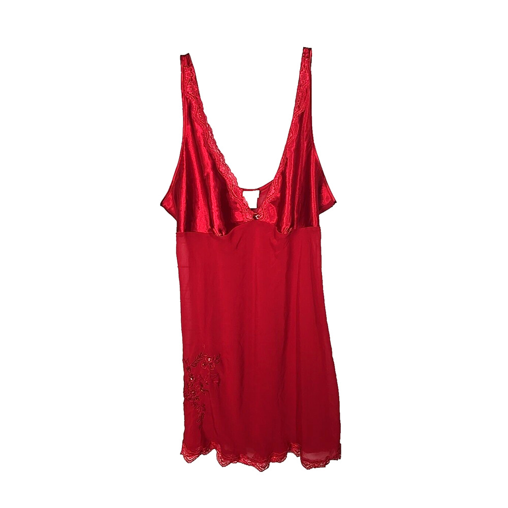 Womans Red Embroidered‎ Floral Sequin V-Neck Satin Nightgown Sleepwear Size 2x